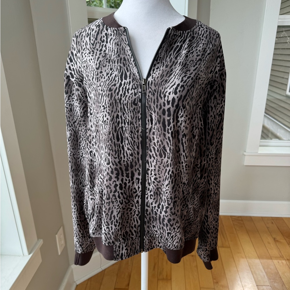 Vintage Kori Black Brown Leopard Print Lightweight Bomber Jacket Size Small